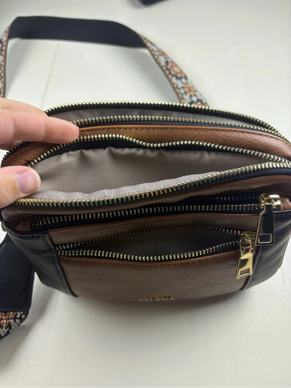 TELENA Two-Tone Brown & Black Crossbody with Patterned Strap